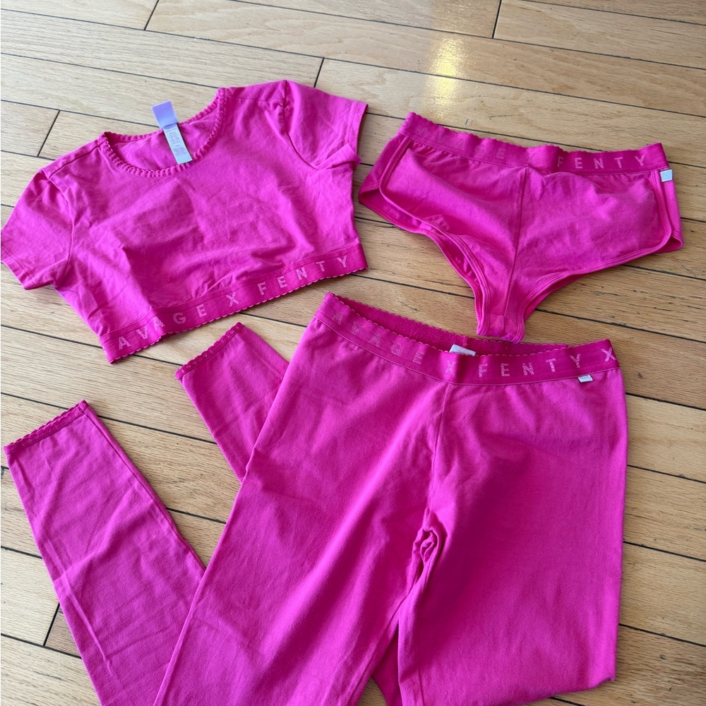 Savage X Fenty Hot Pink Crop Top & High-Waist Brief & Leggings Set